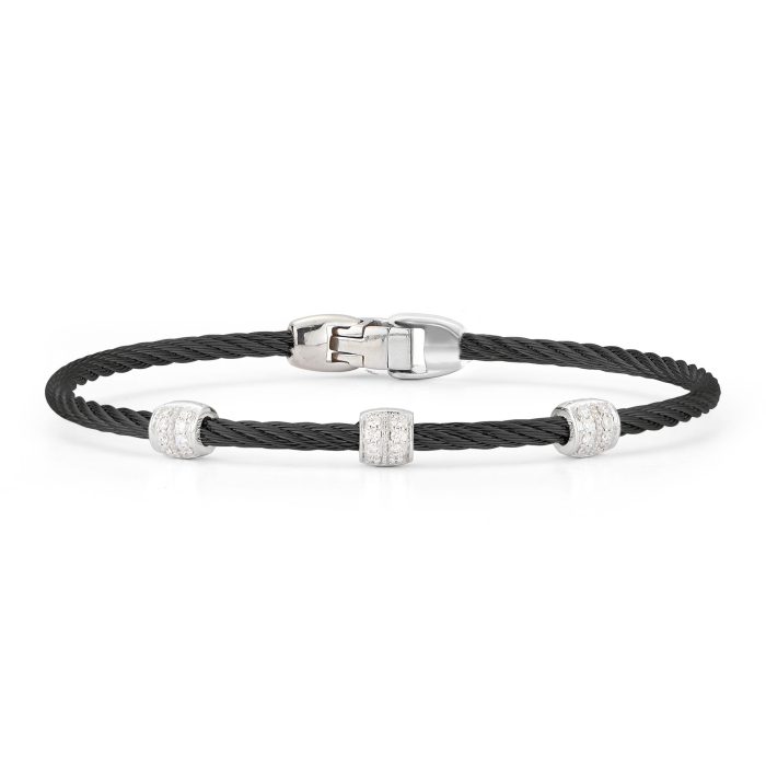 ALOR Triple Barrel Stackable Stainless Steel and 18k White Gold Diamond Bracelet