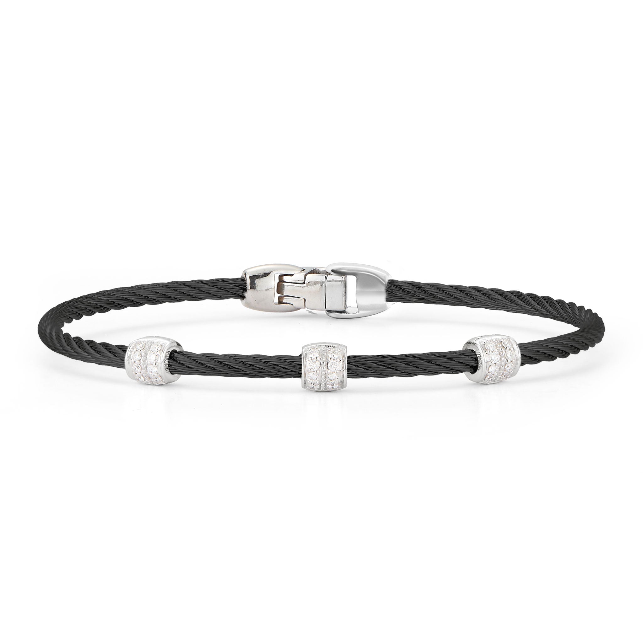 ALOR Triple Barrel Stackable Stainless Steel and 18k White Gold Diamond Bracelet