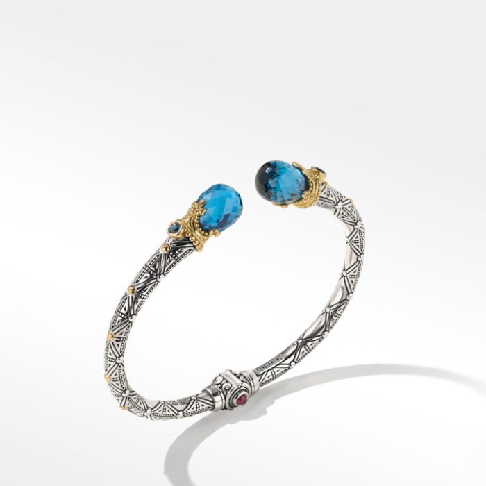 Konstantino Sterling Silver and 18k Yellow Gold Blue Spinel, London Blue Topaz and Garnet Bracelet