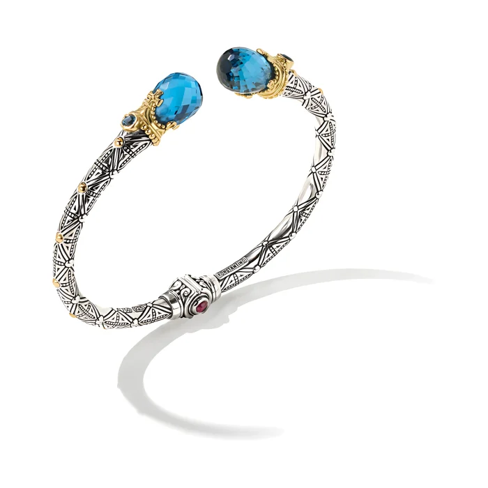 Konstantino Sterling Silver and 18k Yellow Gold Blue Spinel, London Blue Topaz and Garnet Bracelet
