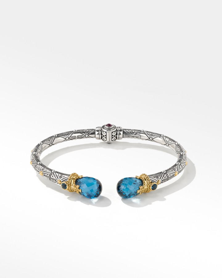 Konstantino Sterling Silver and 18k Yellow Gold Blue Spinel, London Blue Topaz and Garnet Bracelet