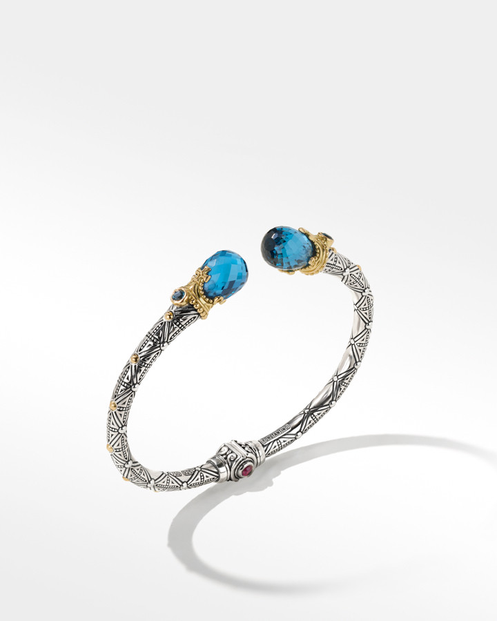 Konstantino Sterling Silver and 18k Yellow Gold Blue Spinel, London Blue Topaz and Garnet Bracelet