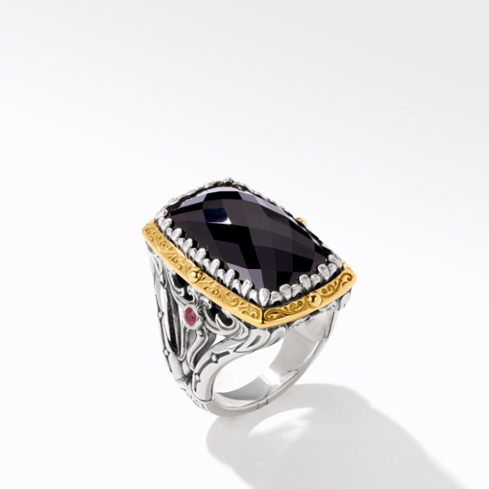 Konstantino Sterling Silver and 18k Yellow Gold Black Onyx and Ruby Ring