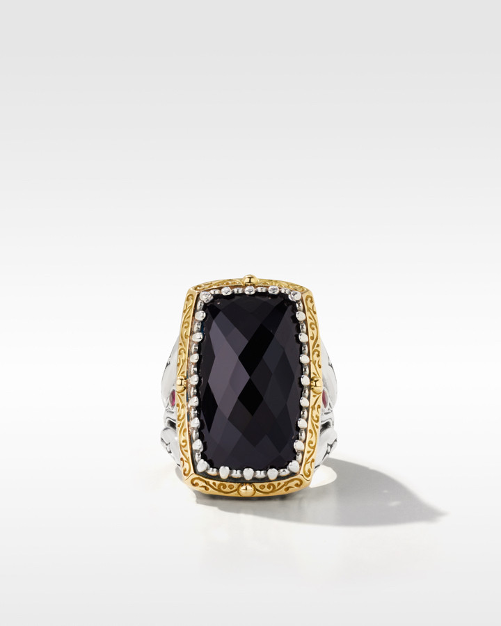 Konstantino Sterling Silver and 18k Yellow Gold Black Onyx and Ruby Ring