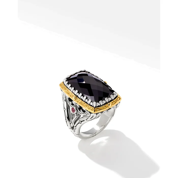 Konstantino Sterling Silver and 18k Yellow Gold Black Onyx and Ruby Ring