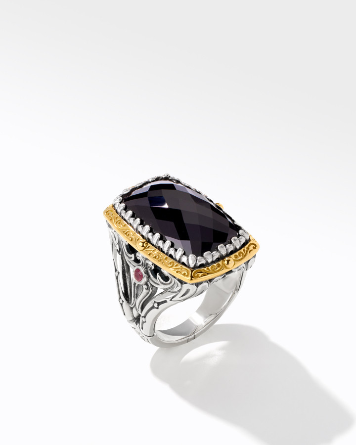 Konstantino Sterling Silver and 18k Yellow Gold Black Onyx and Ruby Ring