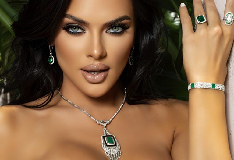 Emerald and diamond pendant, earrings, bracelet and rings