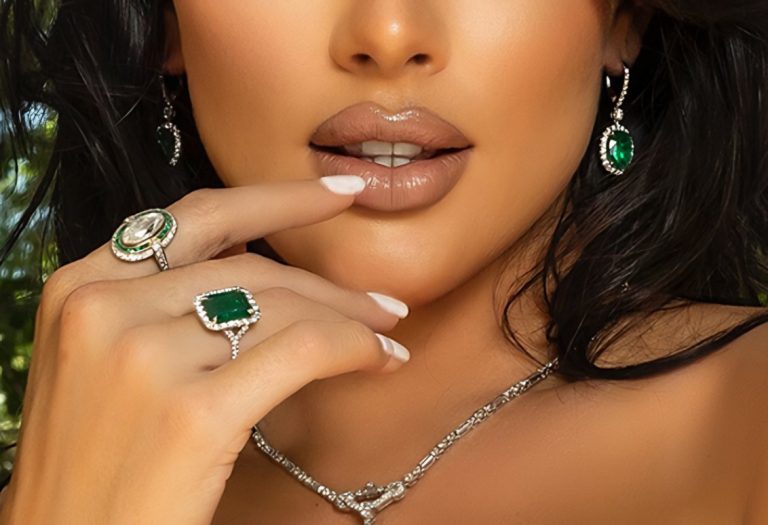 Emerald-cut emerald ring and diamond necklace