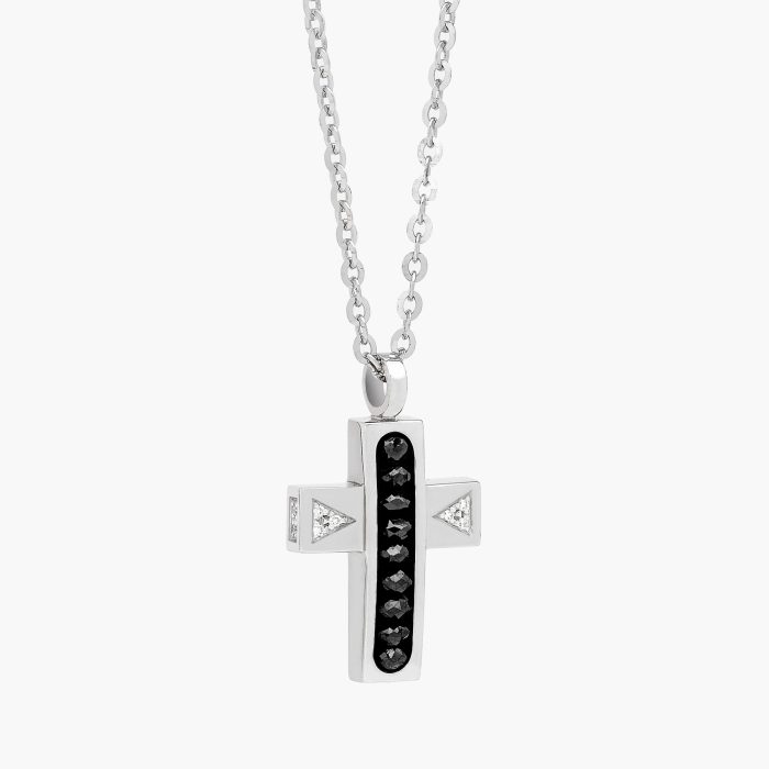Zancan 18k White Gold Diamond Cross with Black Spheres