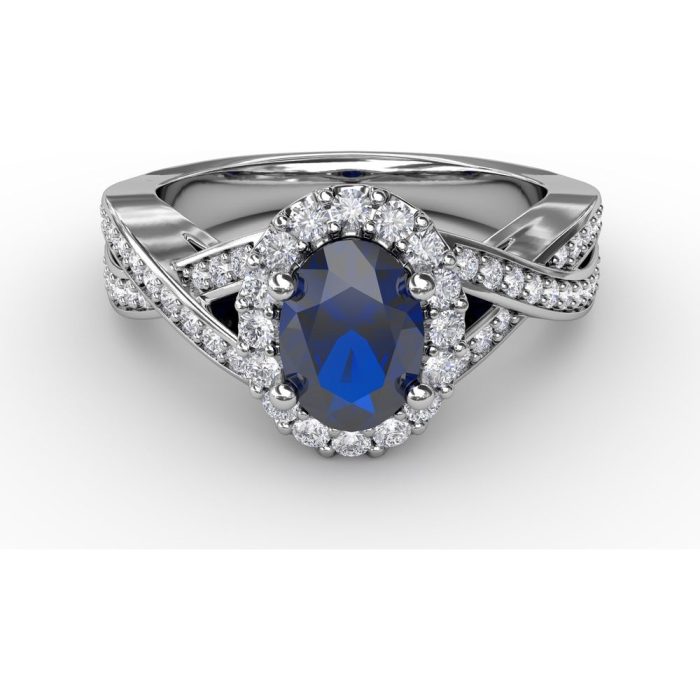 Fana White Gold Oval Sapphire and Diamond Halo Criss-Cross Ring