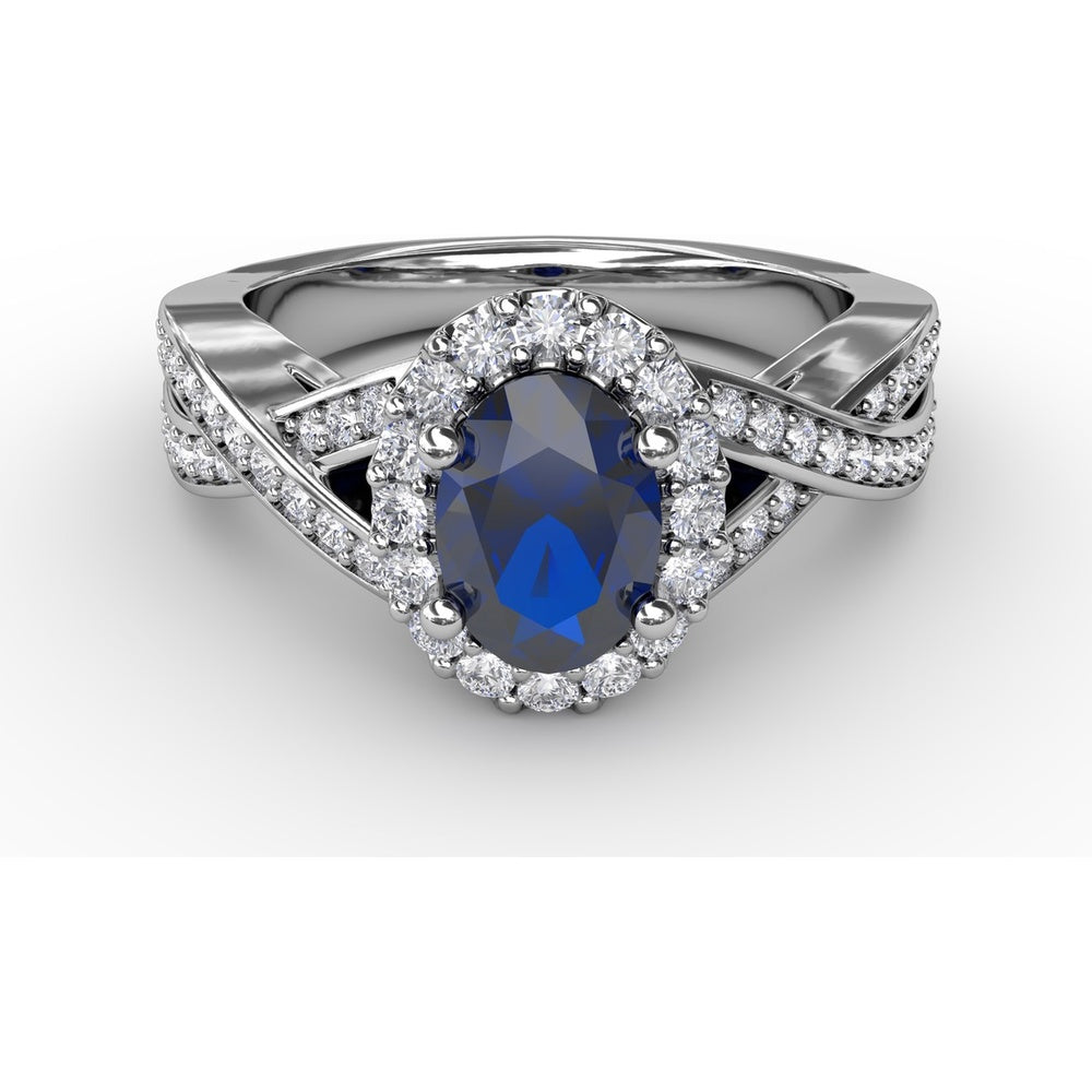 Fana White Gold Oval Sapphire and Diamond Halo Criss-Cross Ring