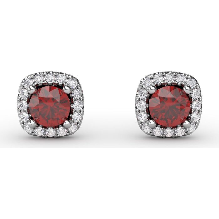 Fana White Gold Cushion-Cut Ruby and Diamond Halo Stud Earrings