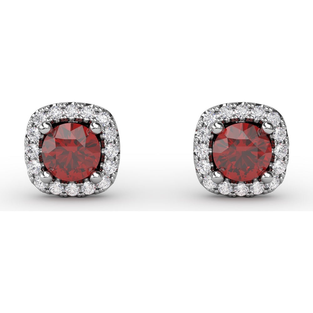 Fana White Gold Cushion-Cut Ruby and Diamond Halo Stud Earrings