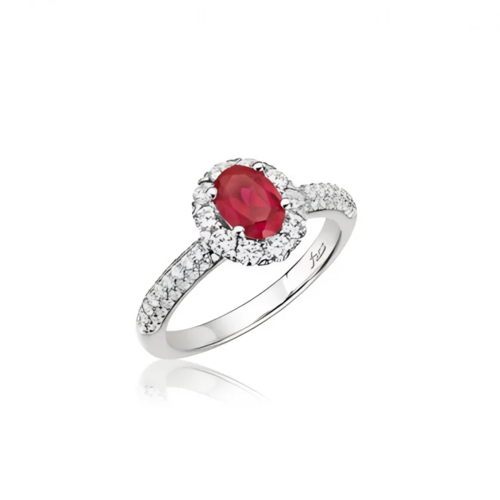 Fana Sparks Fly Ruby Oval and Diamond Halo Ring