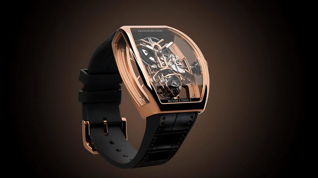Rose gold skeleton watch on a black strap