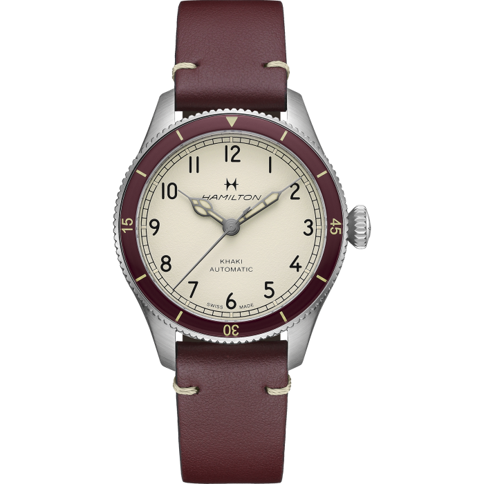 Hamilton Khaki Aviation Pilot Pioneer Auto 38mm White Dial Burgundy Strap