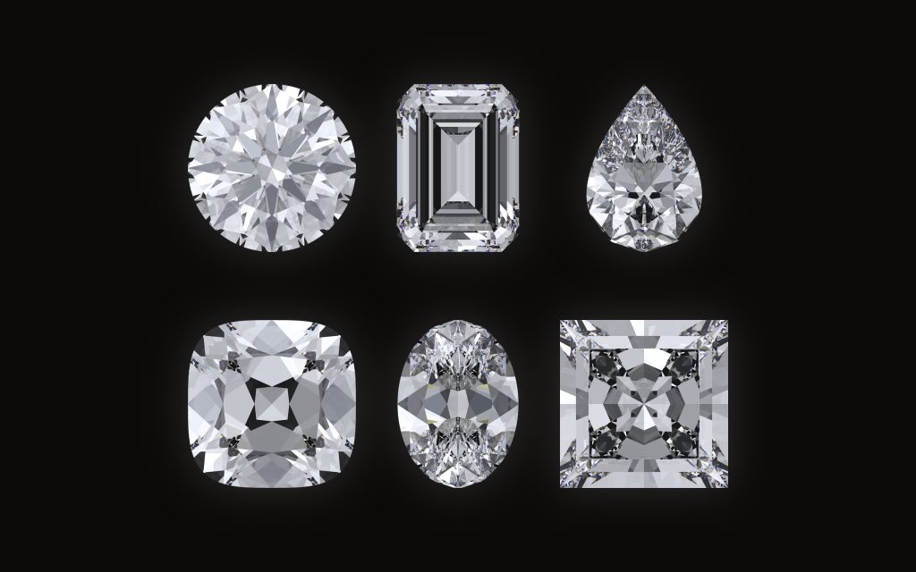 Diamonds in six shapes: round, oval, cushion, princess, emerald and pear