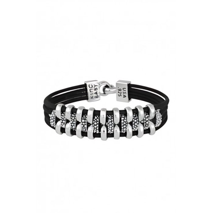 King Baby Interlocked Stingray Link Bracelet On Four Black Leather Braids