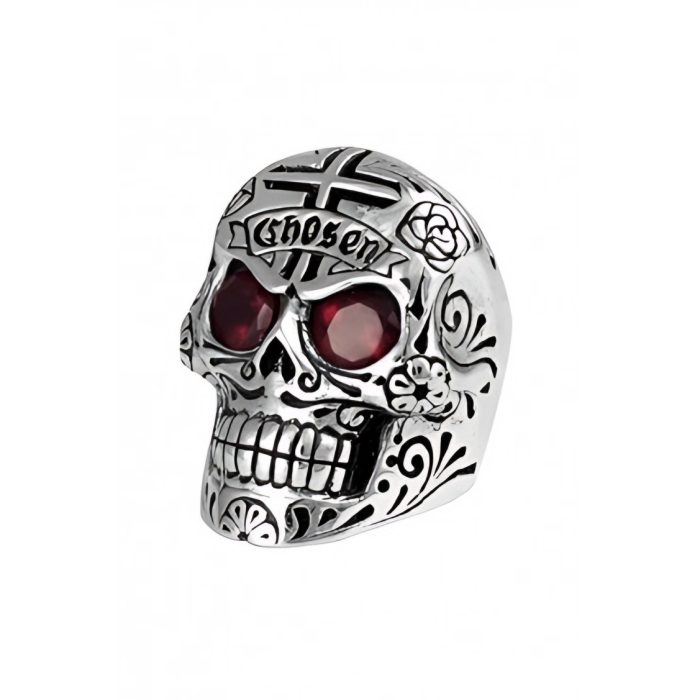 King Baby Large Skull Ring With Chosen Cross Details And Garnet Eyes