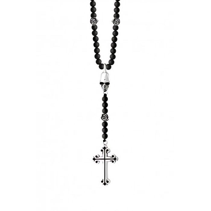 King Baby Rosary With Onyx Beads, Skull And Traditional Cross