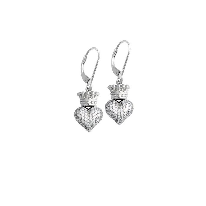 King Baby Small 3D Crowned Heart With Pave CZ Leverback Earrings
