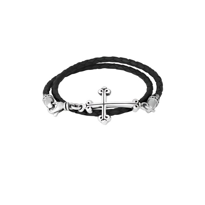 King Baby Thin Braided Leather Traditional Cross Double Wrap Bracelet