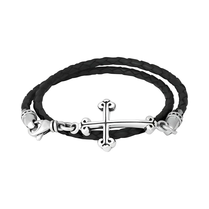 King Baby Thin Braided Leather Traditional Cross Double Wrap Bracelet