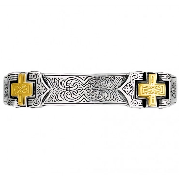 Konstantino Sterling Silver And 18K Gold Cross Hammered Mens Cuff Bracelet