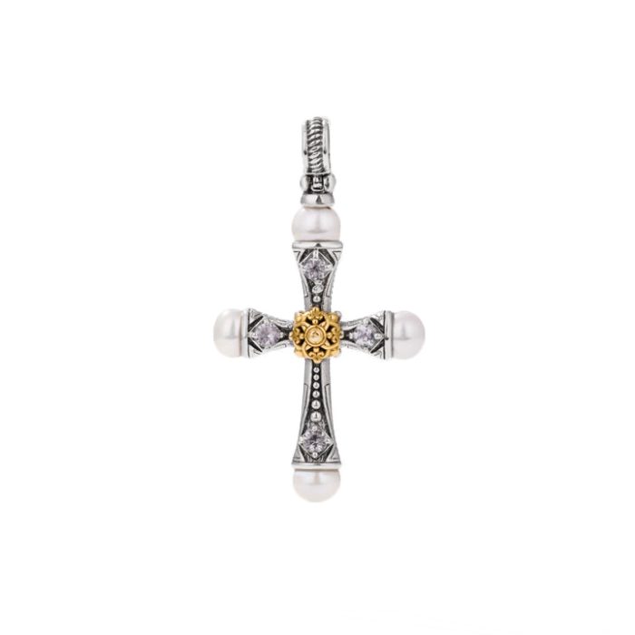 Konstantino Sterling Silver and 18k Yellow Gold Pearl and White Sapphire Cross Pendant