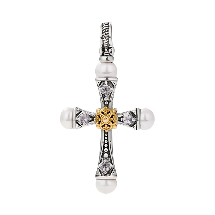 Konstantino Sterling Silver and 18k Yellow Gold Pearl and White Sapphire Cross Pendant