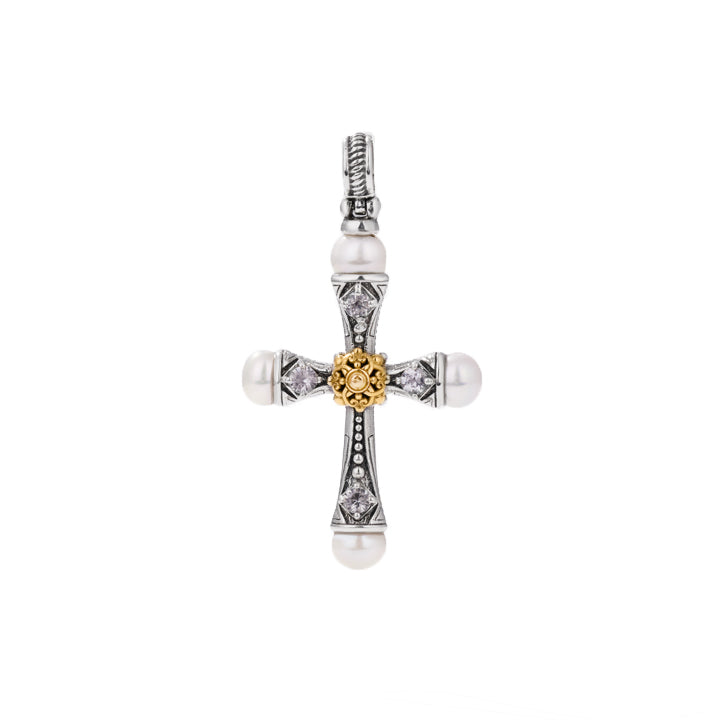 Konstantino Sterling Silver and 18k Yellow Gold Pearl and White Sapphire Cross Pendant