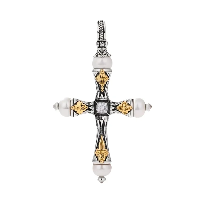 Konstantino Sterling Silver and 18k Yellow Gold Pearl and White Sapphire Cross Pendant