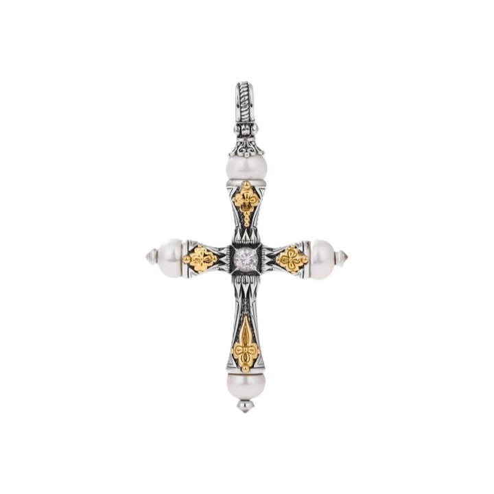 Konstantino Sterling Silver and 18k Yellow Gold Pearl and White Sapphire Cross Pendant