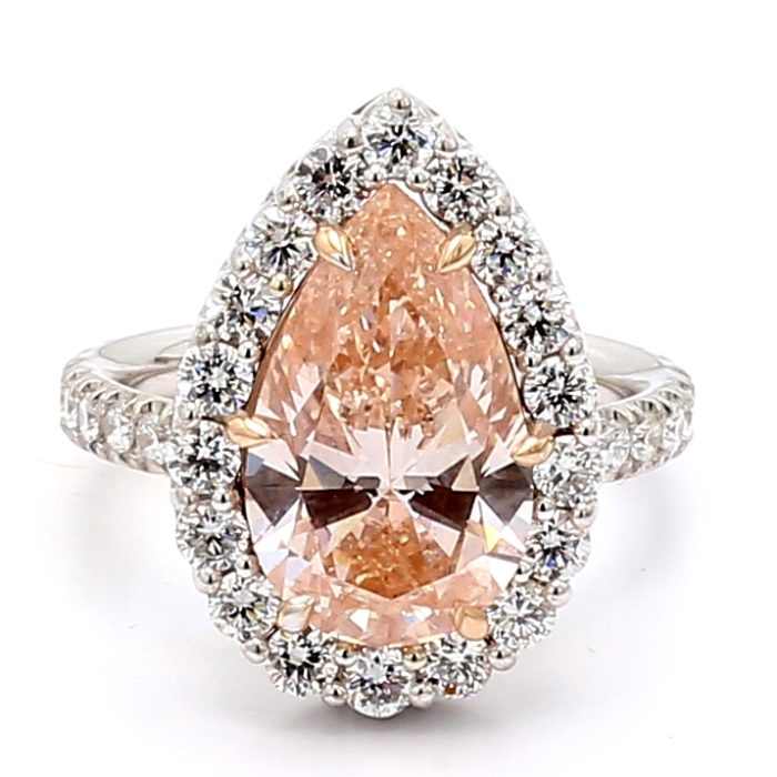 Lab-Grown Fancy Intense Pink Pear Diamond Halo Ring, 6.50 ct tw