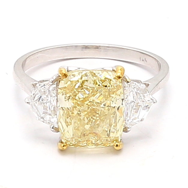 Lab-Grown Fancy Intense Yellow Cushion Diamond Three-Stone Ring, 5.21 ct tw