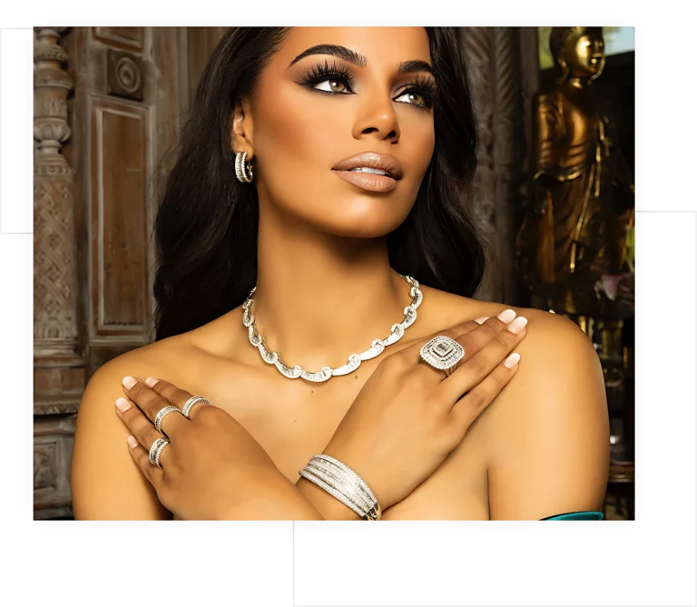 Baguette and round diamond necklace, ring and bracelets