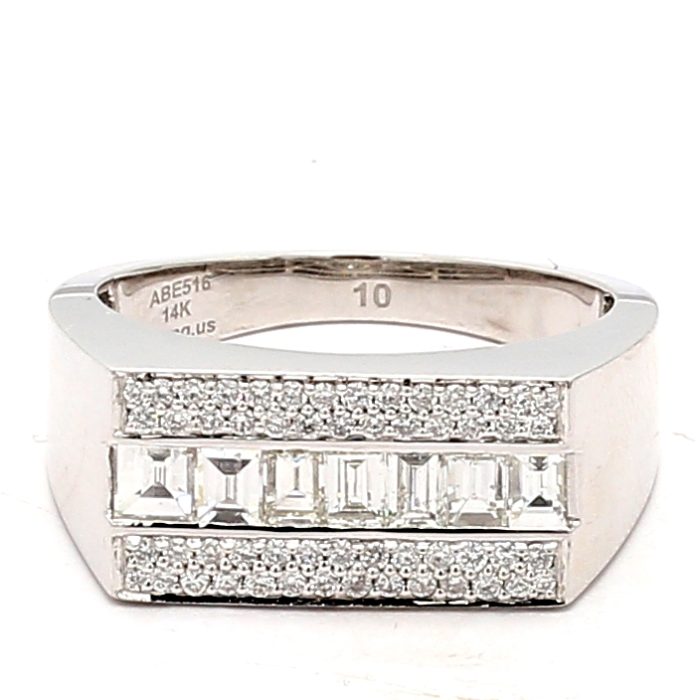 Men's 14K White Gold Baguette and Round Diamond Ring, 1.15 ct tw