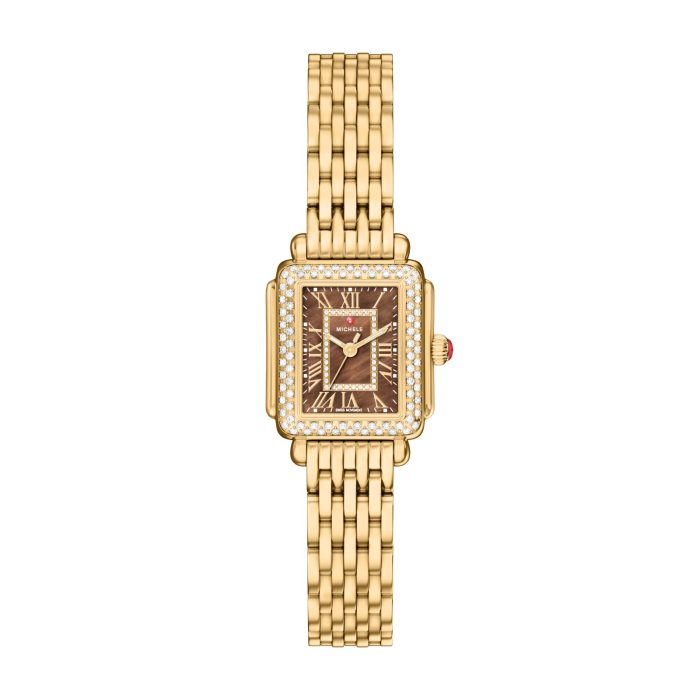 Michele Deco Madison Mini Diamond 18K Gold-Plated Watch with Chocolate Mother-of-Pearl Dial