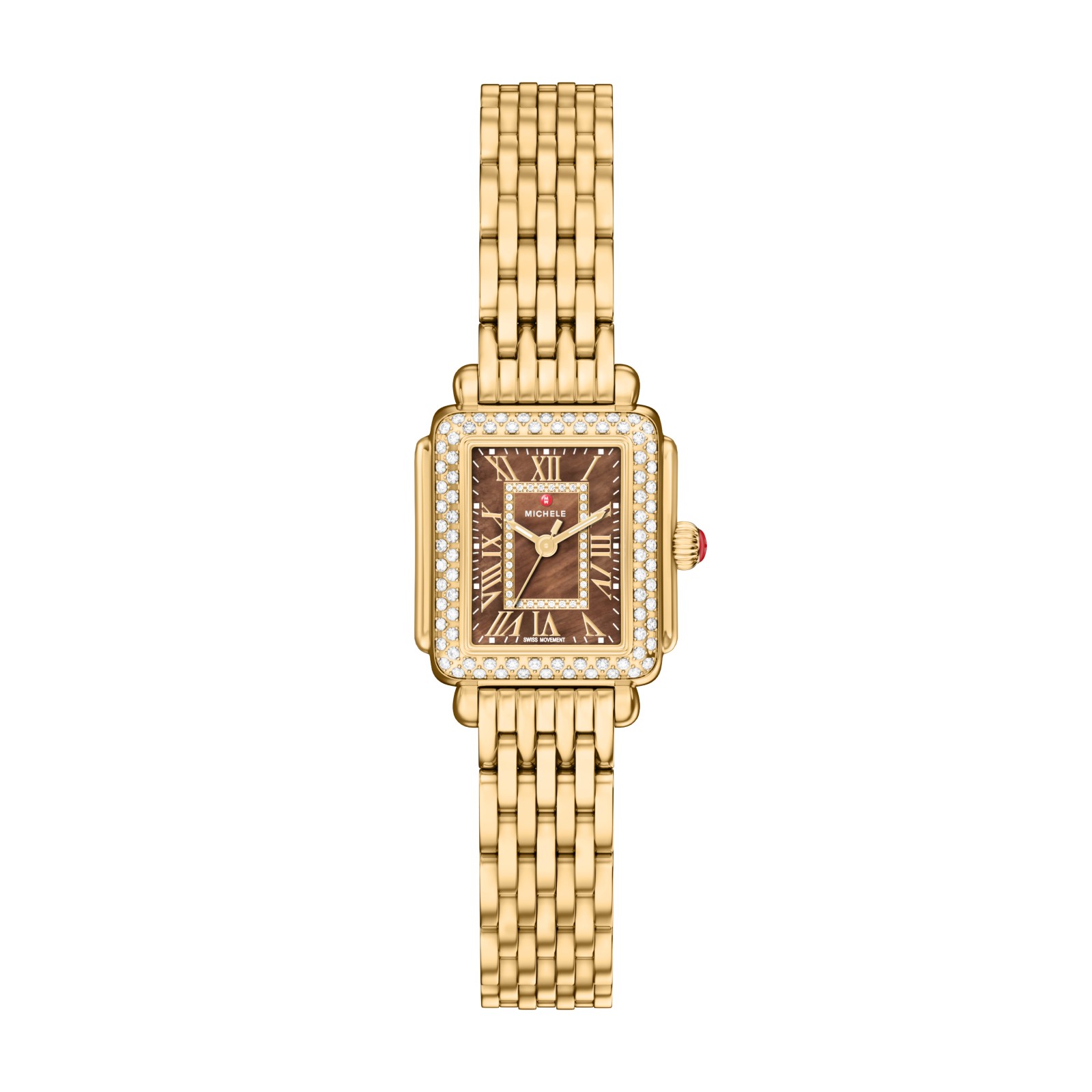 Michele Deco Madison Mini Diamond 18K Gold-Plated Watch with Chocolate Mother-of-Pearl Dial