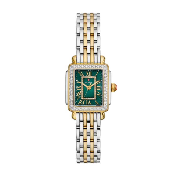 Michele Deco Madison Mini Diamond Two-Tone Watch with Green Mother-of-Pearl Dial