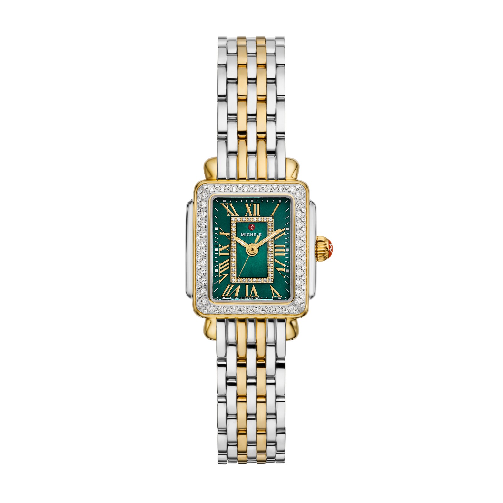 Michele Deco Madison Mini Diamond Two-Tone Watch with Green Mother-of-Pearl Dial