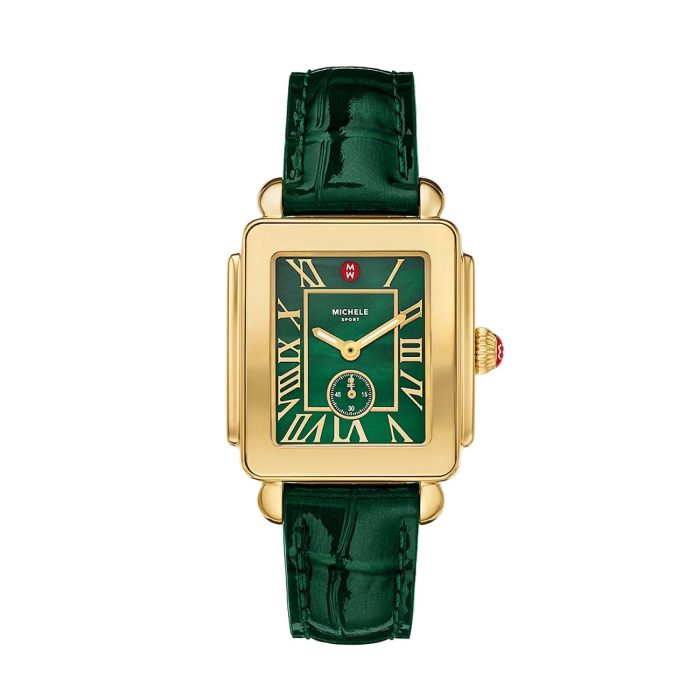 Michele Deco Sport Mid Gold-Plated Lush Green Leather Watch