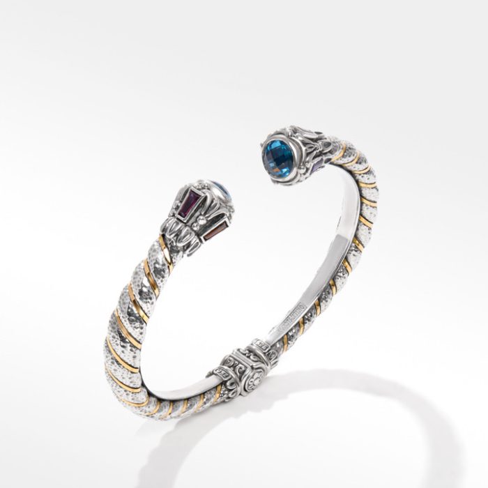 Konstantino Sterling Silver and Gold Blue Spinel, Rhodolite and Amethyst Bracelet