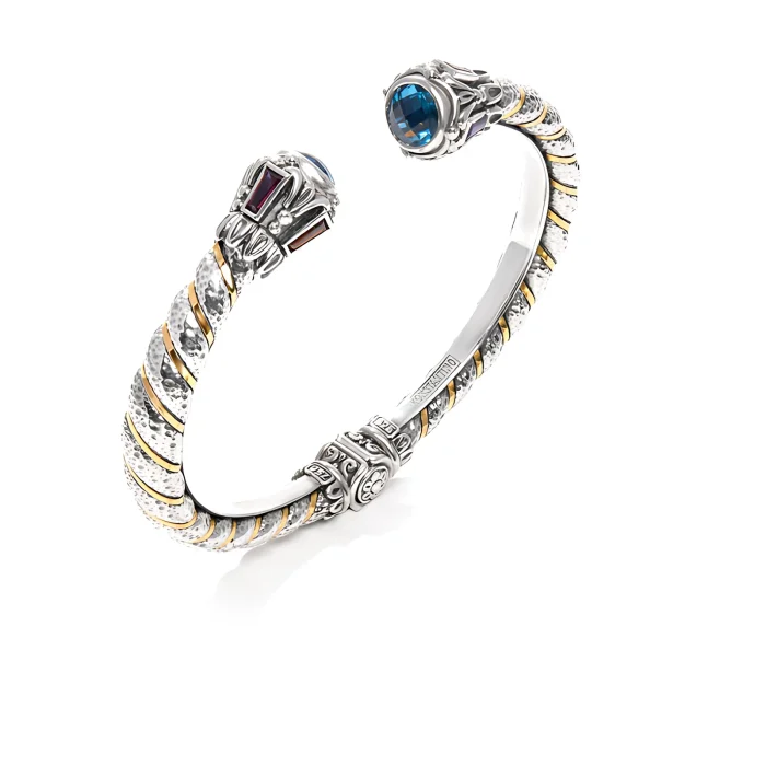 Konstantino Sterling Silver and Gold Blue Spinel, Rhodolite and Amethyst Bracelet