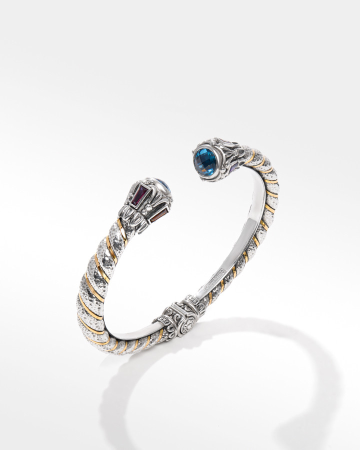 Konstantino Sterling Silver and Gold Blue Spinel, Rhodolite and Amethyst Bracelet