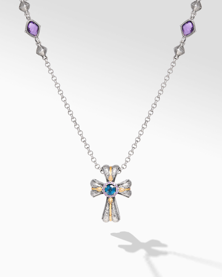 Konstantino Sterling Silver and Gold London Blue Topaz and Amethyst Quartz Necklace