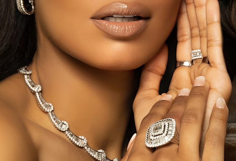 Baguette and round diamond ring and necklace