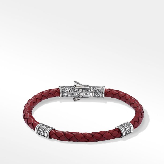 Konstantino Perseus Sterling Silver and Red Leather Double Vessel Bracelet