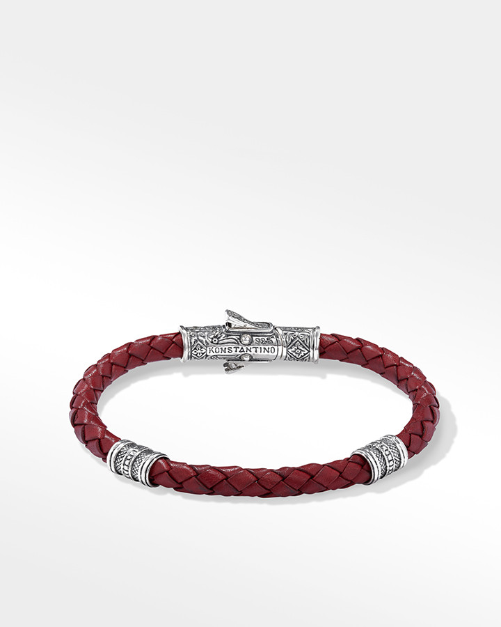 Konstantino Perseus Sterling Silver and Red Leather Double Vessel Bracelet