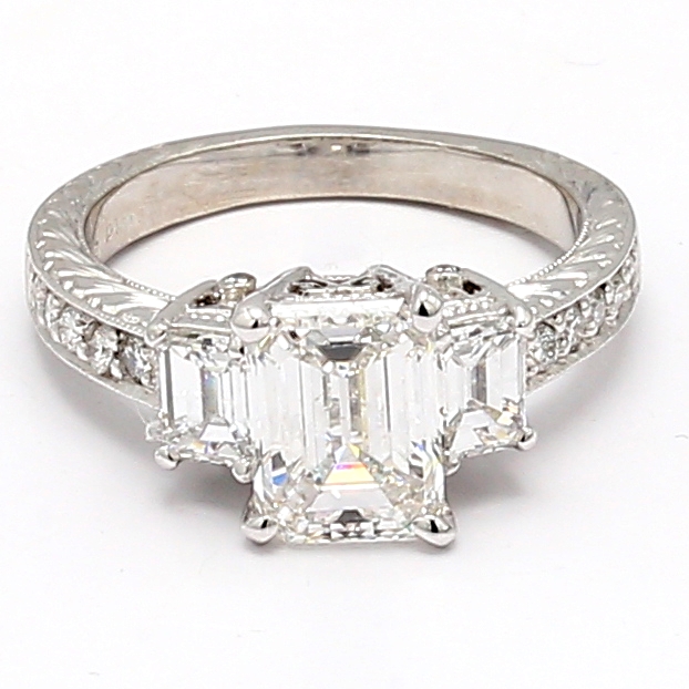 Platinum Emerald-Cut and Round Diamond Semi-Mount, 0.98 ct tw
